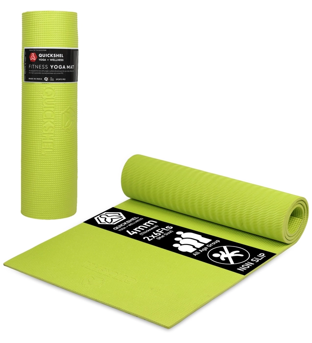 QUICK SHEL Yoga Mat - 4mm Thick, Anti-Skid, Water/Dirt Proof, Lightweight Exercise Mat for Men, Women & Kids | Textured Surface | Color - Green | Material - EVA | 2x6ft Size (Green)