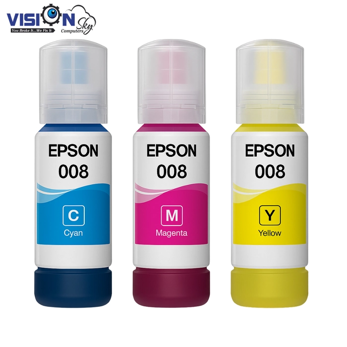 EPSON 008 Original Ink Bottles – Cyan, Magenta & Yellow (70 ml Each)