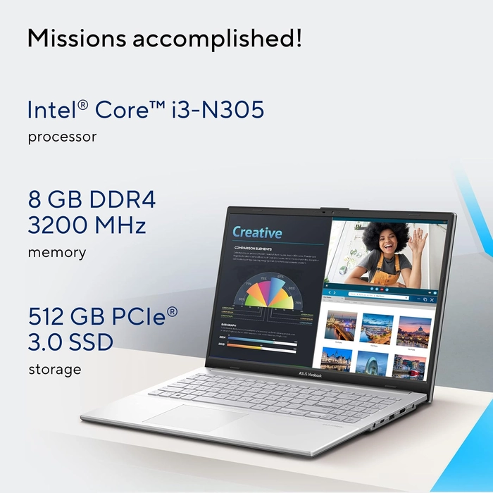ASUS Vivobook Go 15 (2025), Intel Core i3-N305, 8GB RAM, 512GB SSD, FHD, 15.6"/39.62cm, Windows 11, MS Office 2021, Silver, 1.63KG, E1504GA-NJ321WS, Integrated Graphics, Backlit KB, Thin&Light Laptop