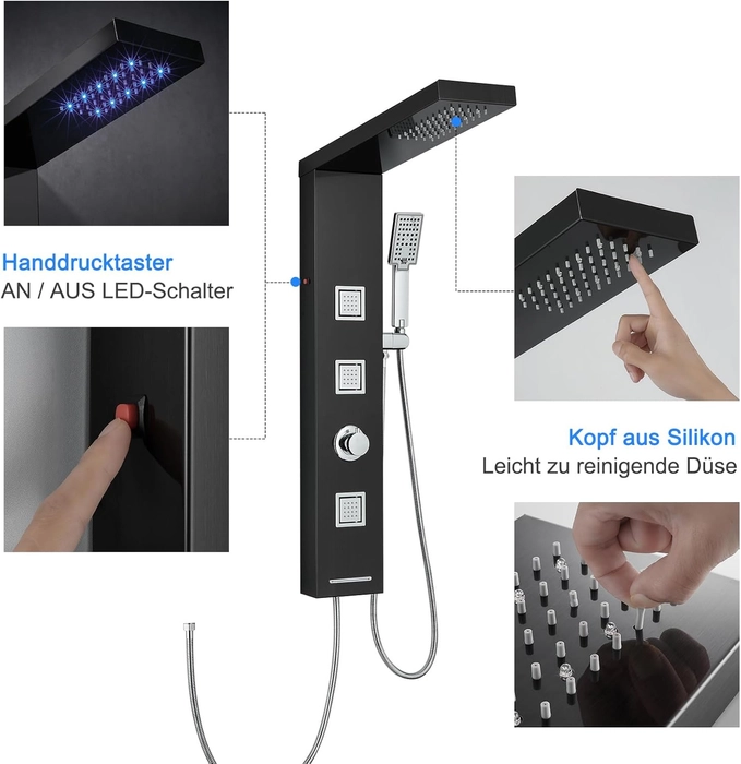 Panneau de douche LED sans robinet, panneau de douche 4 fonctions avec douche à effet pluie LED, 3 buses de massage, douchette à main et bec de baignoire, colonne de douche en acier