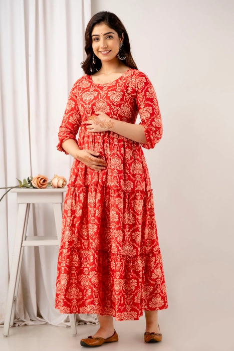 Red Ethnic Printed Cotton Maternity Dress – Anarkali Style with 3/4 Sleeves