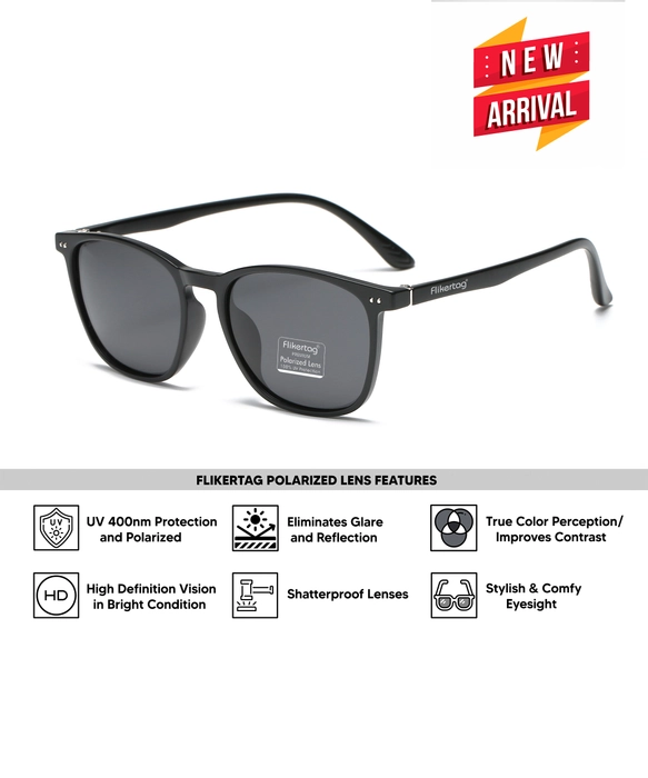 Polarized UV Protection Sunglasses For Men & Women | HD vision with Grey Lens [FTS 561 F1 Square | Wayfarer Matte Black Frame with Smoke lens, 54mm]