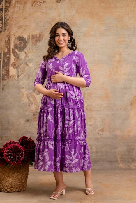 Henal Maternity Floral Printed Tier Dress – Purple