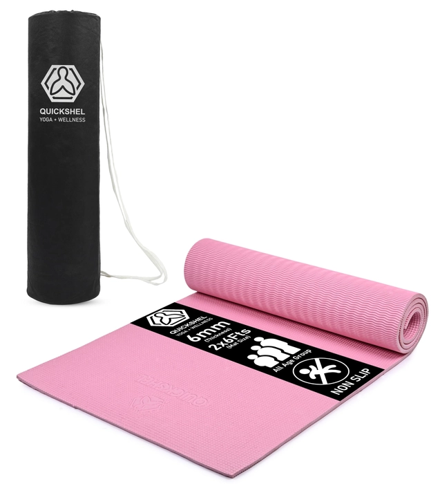 Quick Shel Yoga mats Exercise Mat Anti-Skid Water/Dirt Proof Lightweight easy to Carry for home and gym workouts for men women children with Carry Bag (Pink) (2fts x 6fts) (6mm Thickness)