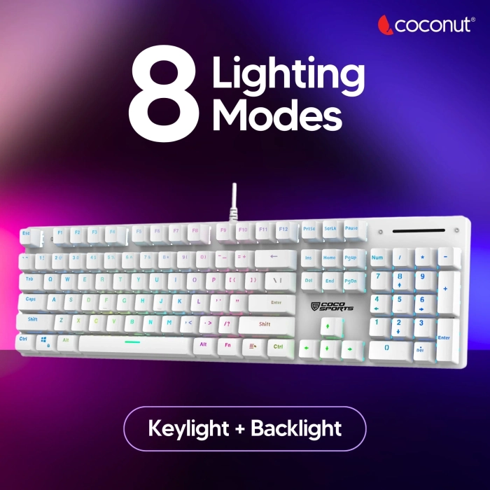 Coco Hurricane Mechanical Gaming Keyboard | 104 Keys | Red Outemu Switches | Rainbow Backlight (8 Modes) | Metal Top | 25-Key Anti-Ghosting | Wired USB | 2 Years Warranty