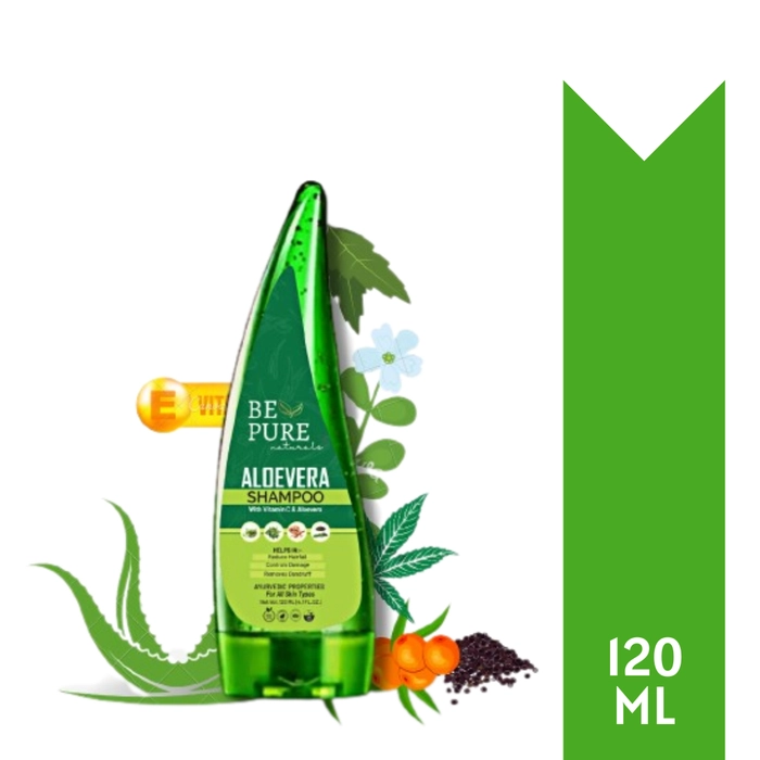 Be Pure Naturals Aloevera Shampoo with Vit-E for Nourishing, Shining & Long Hairs, Remove Dandruff, Control Hairfall & contains Seabuckthorn, Black Seed Oil, Manjistha, Curry Leaf Extract (120ml)