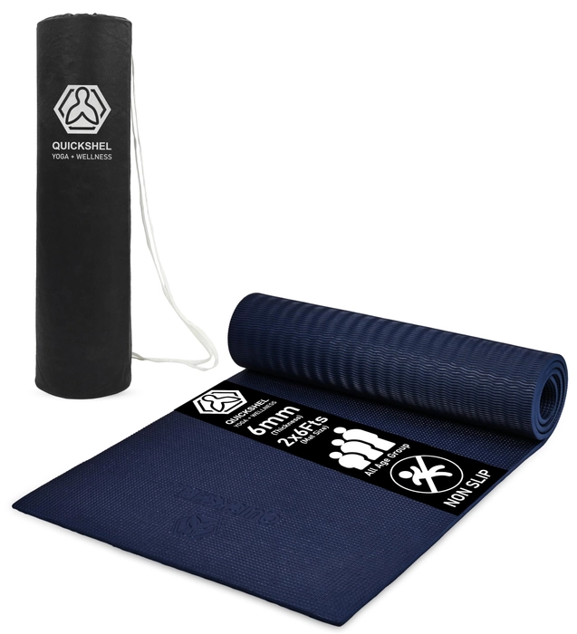 Quick Shel Yoga mats Exercise Mat Anti-Skid Water/Dirt Proof Lightweight easy to Carry for home and gym workouts for men women children with Carry Bag (Navy Blue) (2fts x 6fts) (6mm Thickness)