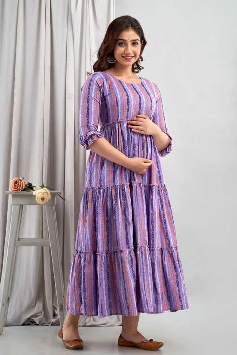 Purple Striped Cotton Maternity Dress for Women – Tiered Flare with 3/4 Ruffle Sleeves
