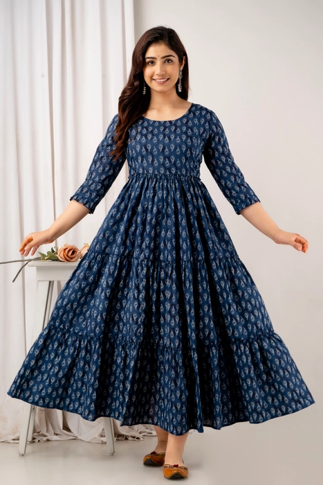 Navy Blue Handblock Printed Cotton Maternity Dress – Tiered Anarkali with 3/4 Sleeves