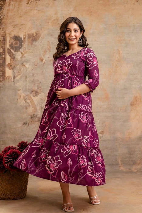 Henal Floral Print Maternity Dress – Plum Purple