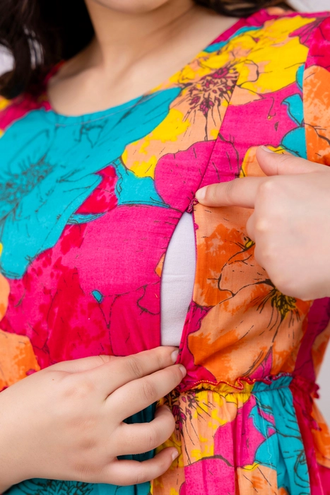 Henal Floral Maternity Dress – Vibrant Multicolor Maxi for Pregnancy & Nursing Comfort