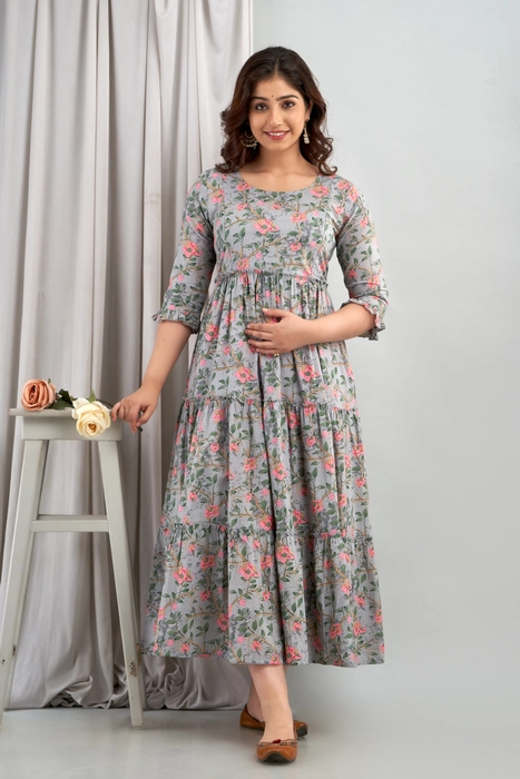 Grey Floral Printed Cotton Maternity Dress – Tiered Gown with 3/4 Ruffle Sleeves