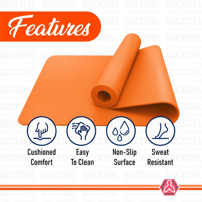 Quick Shel Yoga mats Exercise Mat Anti-Skid Water/Dirt Proof Lightweight easy to Carry for home and gym workouts for men women children with Carry Bag (Orange) (2fts x 6fts) (6mm Thickness)