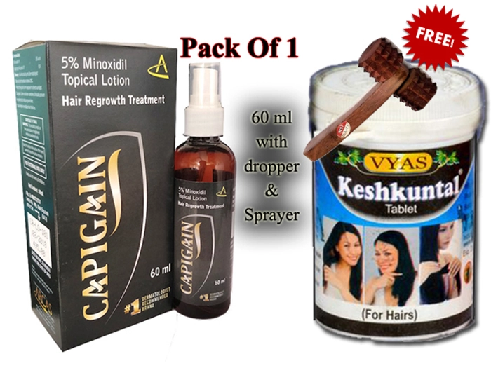 CAPIGAIN MINOXIDIL 5% Hair Treatment Formula + Keshkuntal Tablet by Vyas