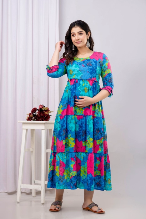 Henal Blue Multicolor Floral Cotton Maternity Dress – Bold & Breezy Pregnancy Maxi