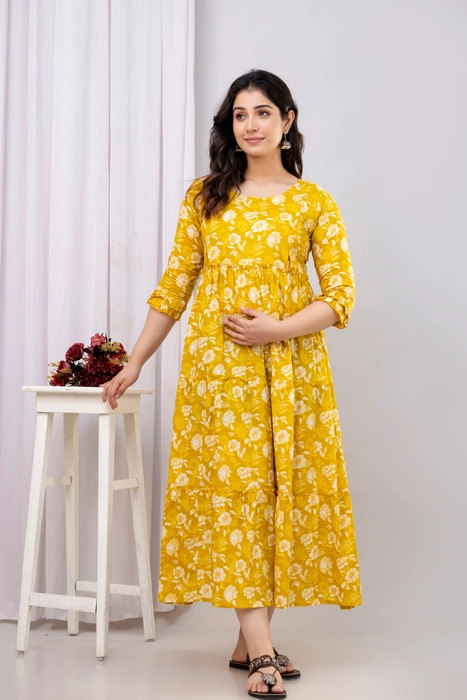 Yellow Floral Cotton Maternity Dress – Tiered Anarkali with 3/4 Sleeves
