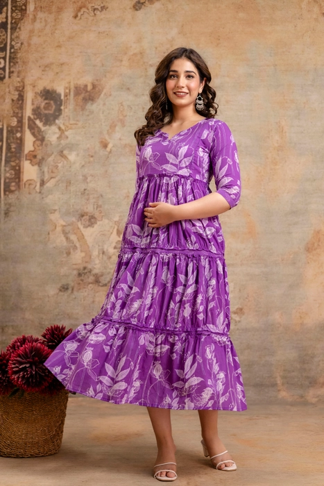 Henal Maternity Floral Printed Tier Dress – Purple
