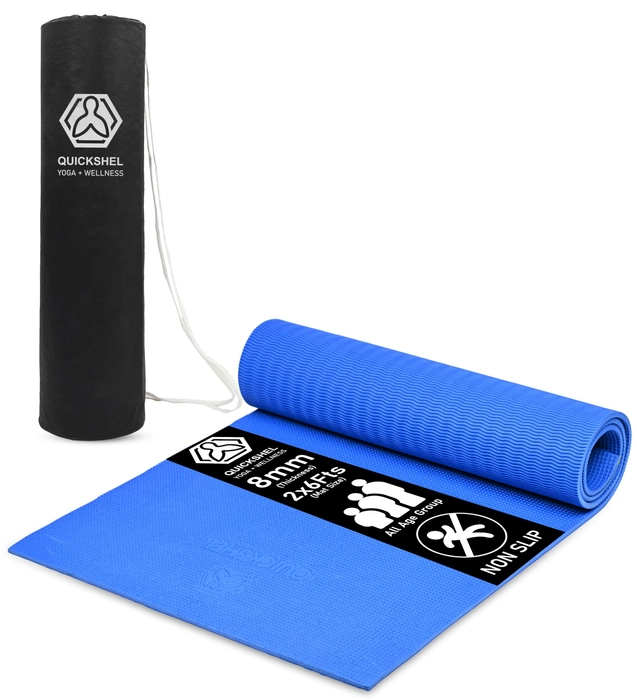 Quick Shel Extra Thick 8mm Thickness Yoga mats Exercise Mat Anti-Skid 8mm thickness Water/Dirt Proof Lightweight easy to Carry for home and gym workouts for men women children with Carry Bag (Blue) (2