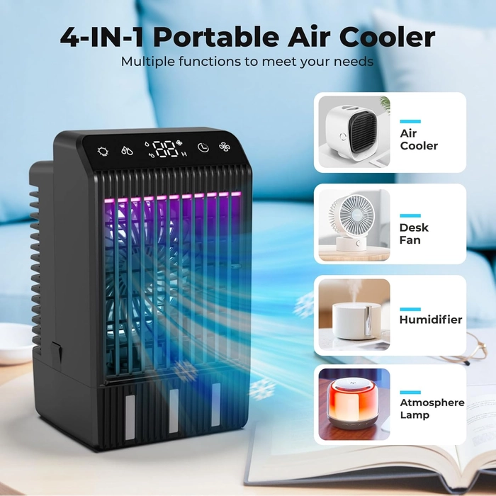 Climatiseur Mobile avec Ecran, 1000 ml Refroidisseur D'air, 4-EN-1 Ventilateur Humidificateur Mini Clim avec Double Pulvérisation et Lumière, 4 Vitesses de Synchronisation Climatiseurs Portables