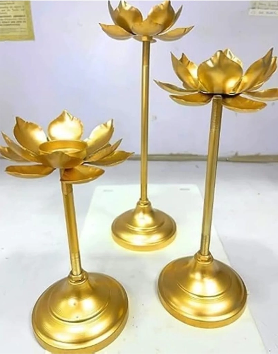 Ekum lotus stand diya (set of 3); Metal Art