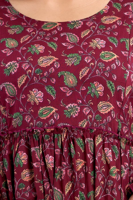 Burgundy Floral Cotton Maternity Dress for Women – Tiered Fit with 3/4 Sleeves
