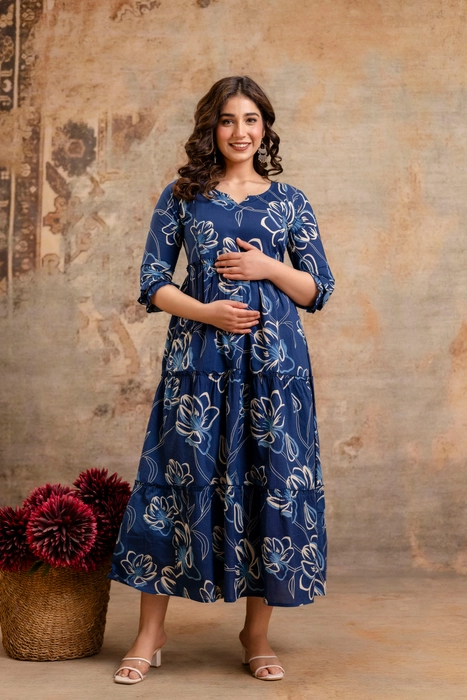 Henal Maternity Floral Printed Maxi Dress – Navy Blue
