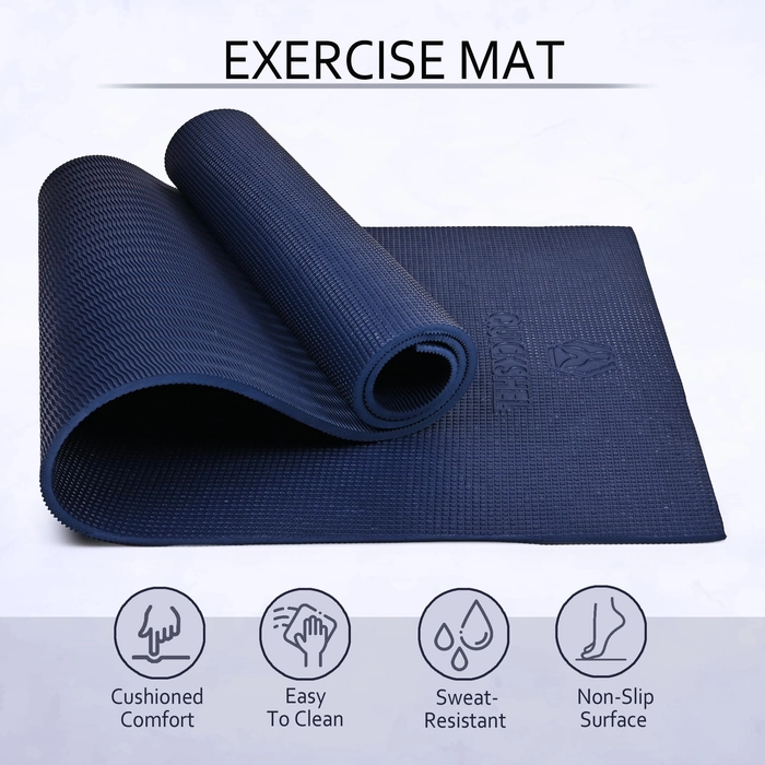 Quick Shel Yoga mats Exercise Mat Anti-Skid Water/Dirt Proof Lightweight easy to Carry for home and gym workouts for men women children with Carry Bag (Navy Blue) (2fts x 6fts) (6mm Thickness)