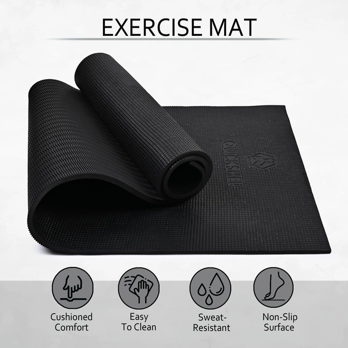 Quick Shel Extra Thick 10mm Thickness Yoga mats Exercise Mat Anti-Skid Water/Dirt Proof Lightweight easy to Carry for home and gym workouts for men women children with Carry Strap (Black) (2fts x 6fts