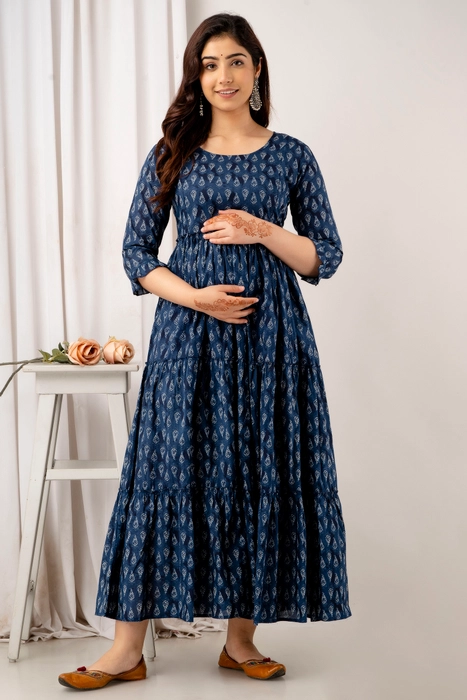 Navy Blue Handblock Printed Cotton Maternity Dress – Tiered Anarkali with 3/4 Sleeves