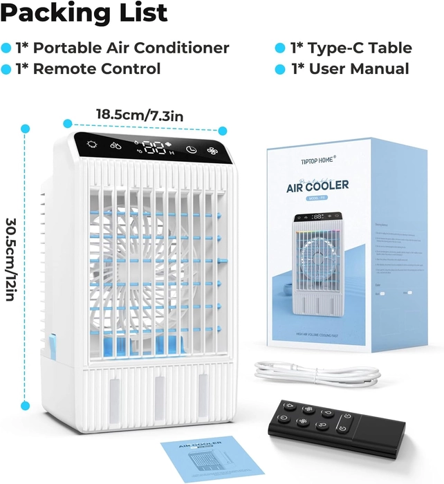 Climatiseur Mobile avec Ecran, 1000 ml Refroidisseur D'air, 4-EN-1 Ventilateur Humidificateur Mini Clim avec Double Pulvérisation et Lumière, 4 Vitesses de Synchronisation Climatiseurs Portables