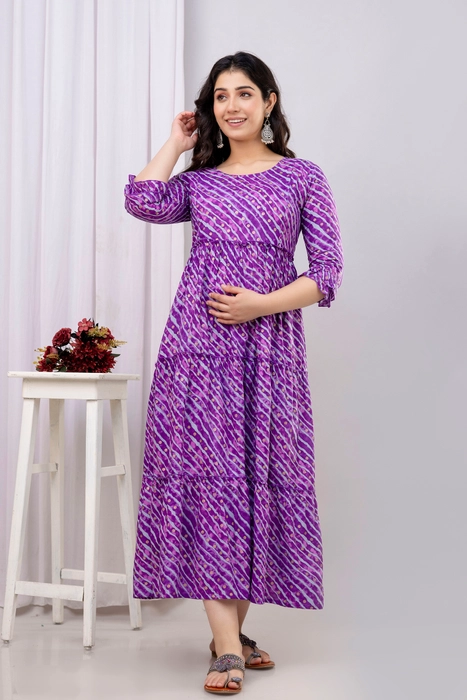 Henal Premium Purple Bandhani Cotton Maternity Dress – Soft & Stylish for Every Stage