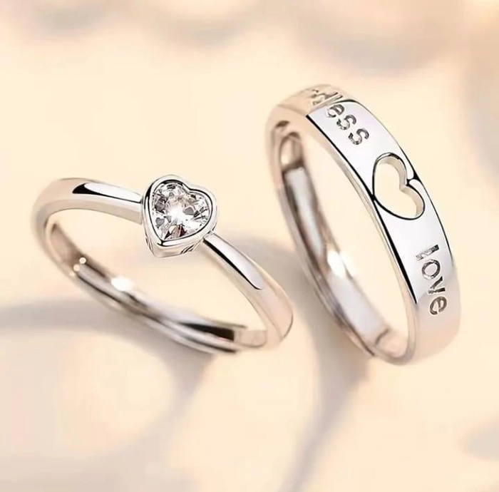 Love Heart Design Silver-Plated Couple Rings – Adjustable 2-Piece Set