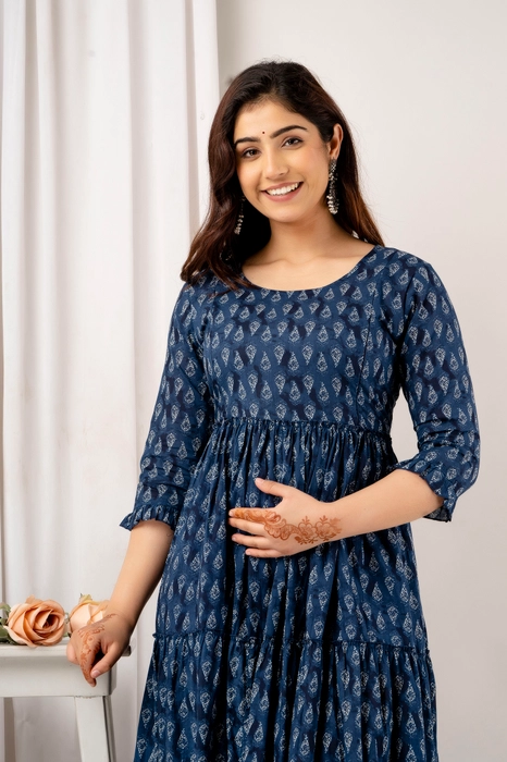 Navy Blue Handblock Printed Cotton Maternity Dress – Tiered Anarkali with 3/4 Sleeves