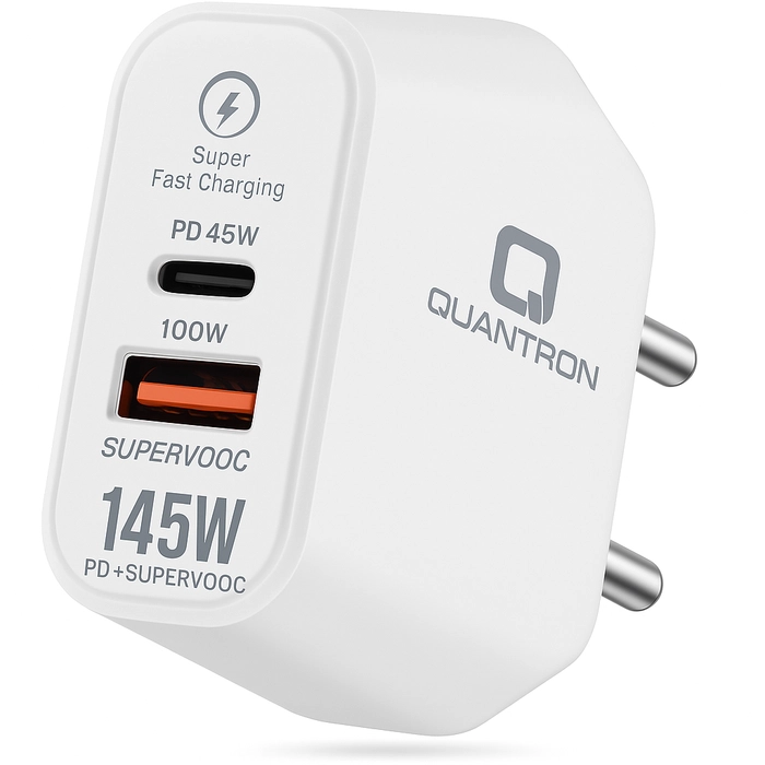 Quantron Fast Charger with Type-C & USB-A Dual Output QCH-440 145W PD + SuperVOOC  (White)