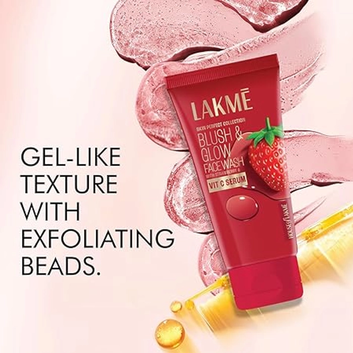 LAKMÉ Blush & Glow Exfoliating Face Wash With Vitamin C Serum, Hydrating And Gentle Facewash With Strawberry Fruit Extracts, 100Gm