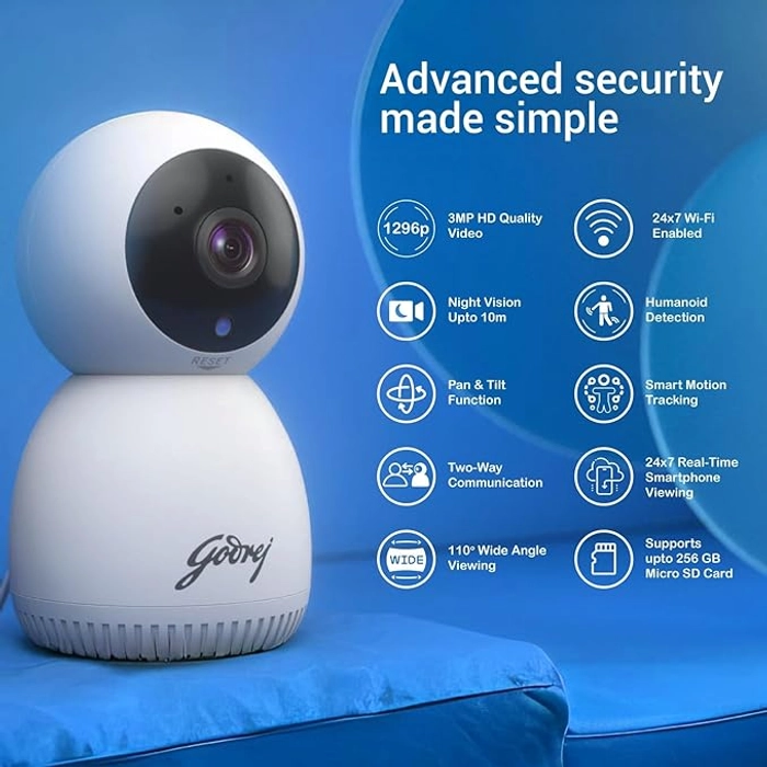 Godrej Security Solutions EVE PRO panTilt Smart WiFi Security Camera for Home with 350 Degree 3MP (HD) | 2-Way Audio | Night Vision | Smart Motion Tracking | Humanoid Detection, Alarm System, White