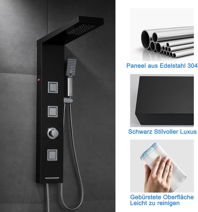 Panneau de douche LED sans robinet, panneau de douche 4 fonctions avec douche à effet pluie LED, 3 buses de massage, douchette à main et bec de baignoire, colonne de douche en acier
