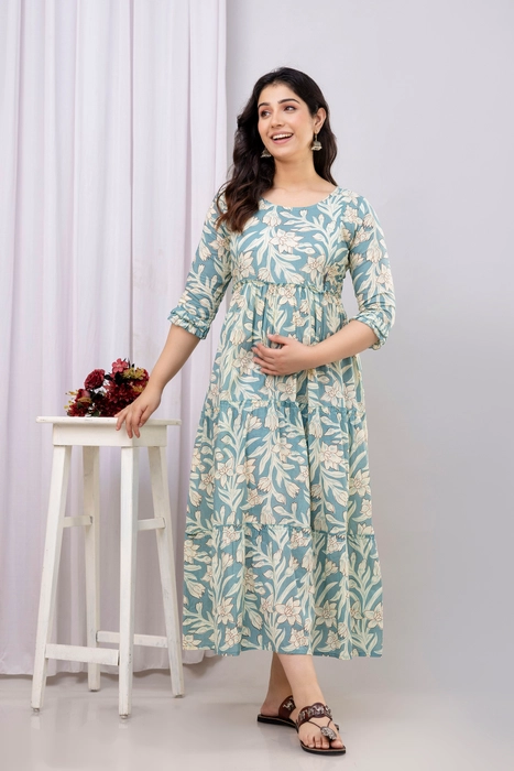Sage Green Floral Cotton Maternity Dress – Tiered Maxi with Ruffle Sleeves