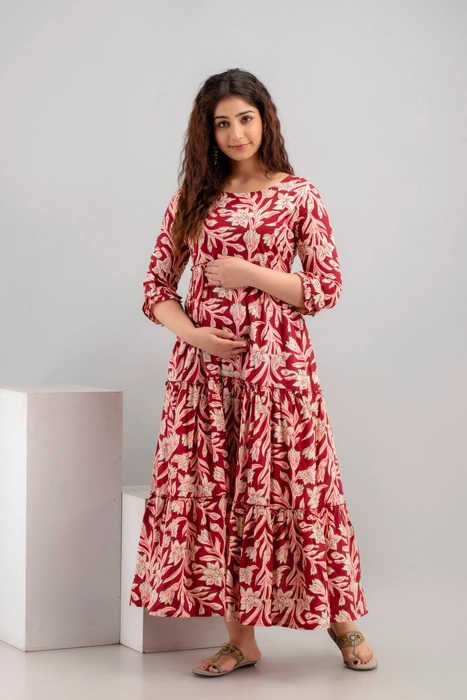 Henal Maroon Floral Cotton Maternity Maxi Dress – Stylish Comfort for Moms-to-Be