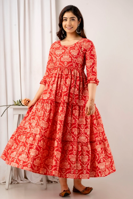 Red Ethnic Printed Cotton Maternity Dress – Anarkali Style with 3/4 Sleeves