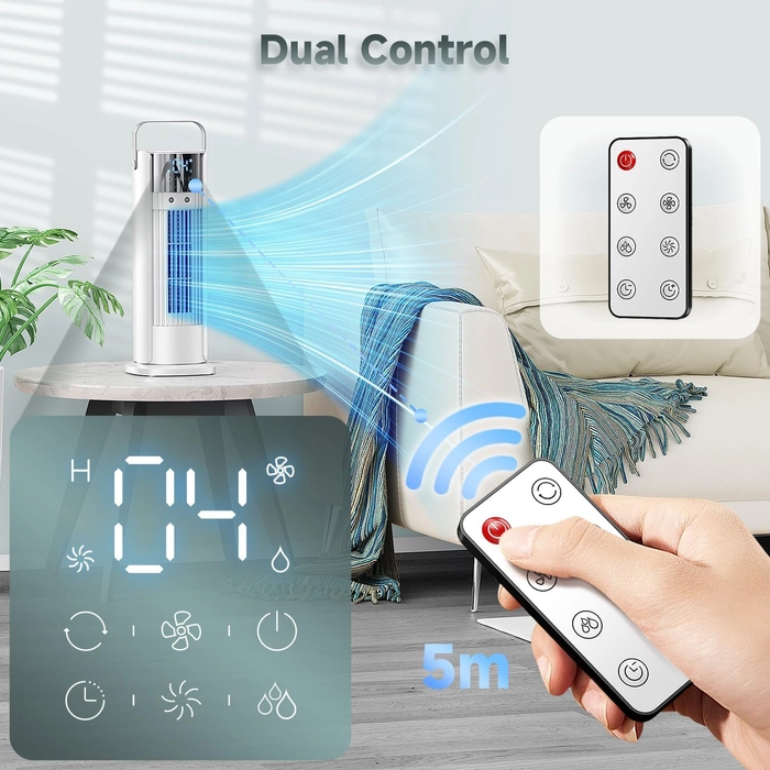 Climatiseur Mobile 5 en 1- Climatisation Portable Silencieux,Rafraichisseur d'air,Faible Conso,4 Vitesses 2 Modes de Pulvérisation,700ml,Télécommande pour Chambre,Bureau,Cuisine [Classe énergétique A+