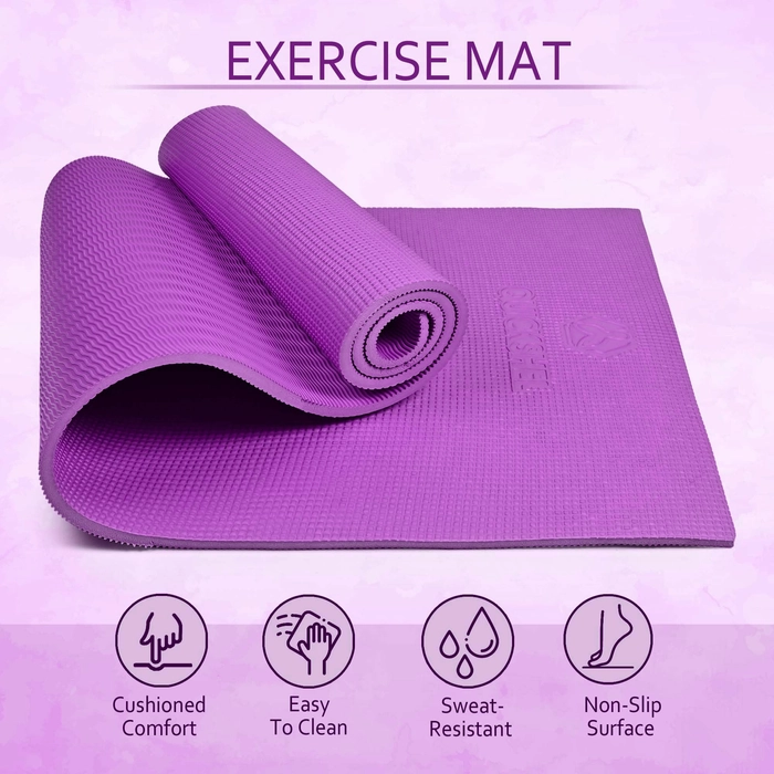 Quick Shel Yoga mats Exercise Mat Anti-Skid Water/Dirt Proof Lightweight easy to Carry gym workouts for men women children with Carry Strap (2Fts x 6Fts) (4mm Thickness) (Purple)