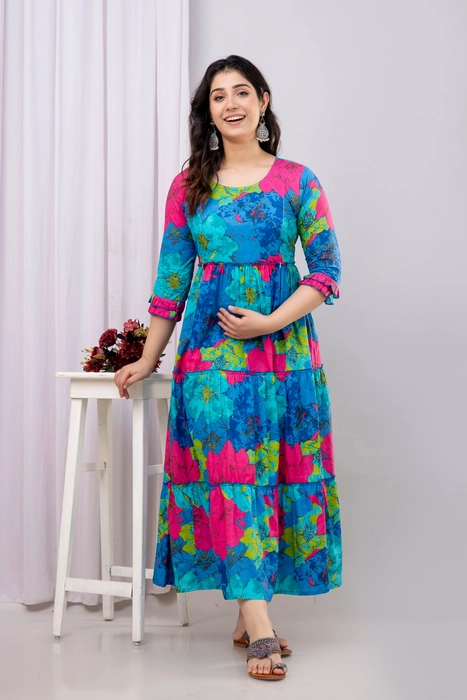 Henal Blue Multicolor Floral Cotton Maternity Dress – Bold & Breezy Pregnancy Maxi