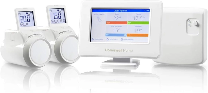 Honeywell Home THR99C3112 evohome Thermostat intelligent WiFi avec relais de commande chaudière sans fil et 2 têtes de radiateur sans fil, blanc (4 pièces)