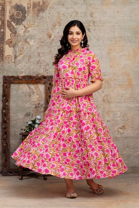 Henal Pink Bloom Floral Cotton Maternity Dress – Soft, Stylish & Bump-Friendly