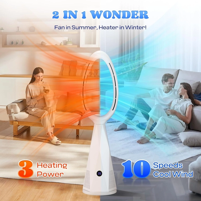 Moongiantgo 46" Ventilateur tour sans pales & chauffage avec télécommande et filtre HEPA - 10 vitesses, oscillation 80°, mode nuit, protection anti-bascule, pour pièce/maison/bureau (blanc)