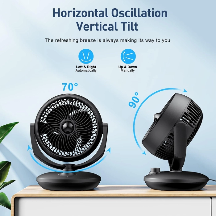 Ventilateur Silencieux Ultra Puissant,22dB Portable & Table,Circulation d'air Turbo 3D Pour Bureau Avec 3 Vitesses et Inclinaison Réglable à 90 ° pour Pièces de 15 m², Chambre à Coucher, Salon