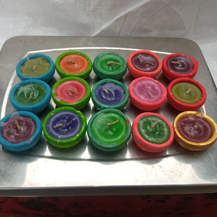 Swadeshi Candle Color diye | Natural Clay Traditional Diwali Ke Mom Diye | Mitti Ke mom Diye | Diyas for Occasions | Handmade Scented Tealight Candles, Multi-Coloured Holders, Set of 15