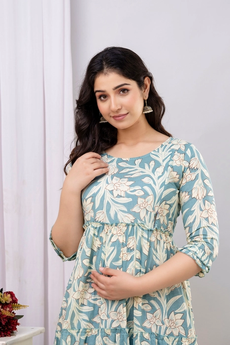 Sage Green Floral Cotton Maternity Dress – Tiered Maxi with Ruffle Sleeves