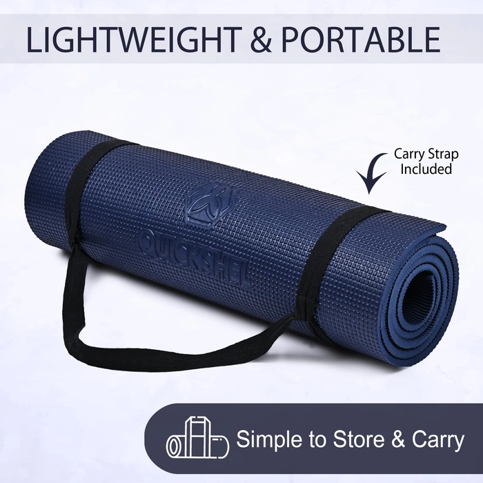 Quick Shel Extra Thick 8mm Thickness Yoga mats Exercise Mat Anti-Skid Water/Dirt Proof Lightweight easy to Carry for home and gym workouts for men women children with Carry Strap (Navy Blue) (2fts x 6